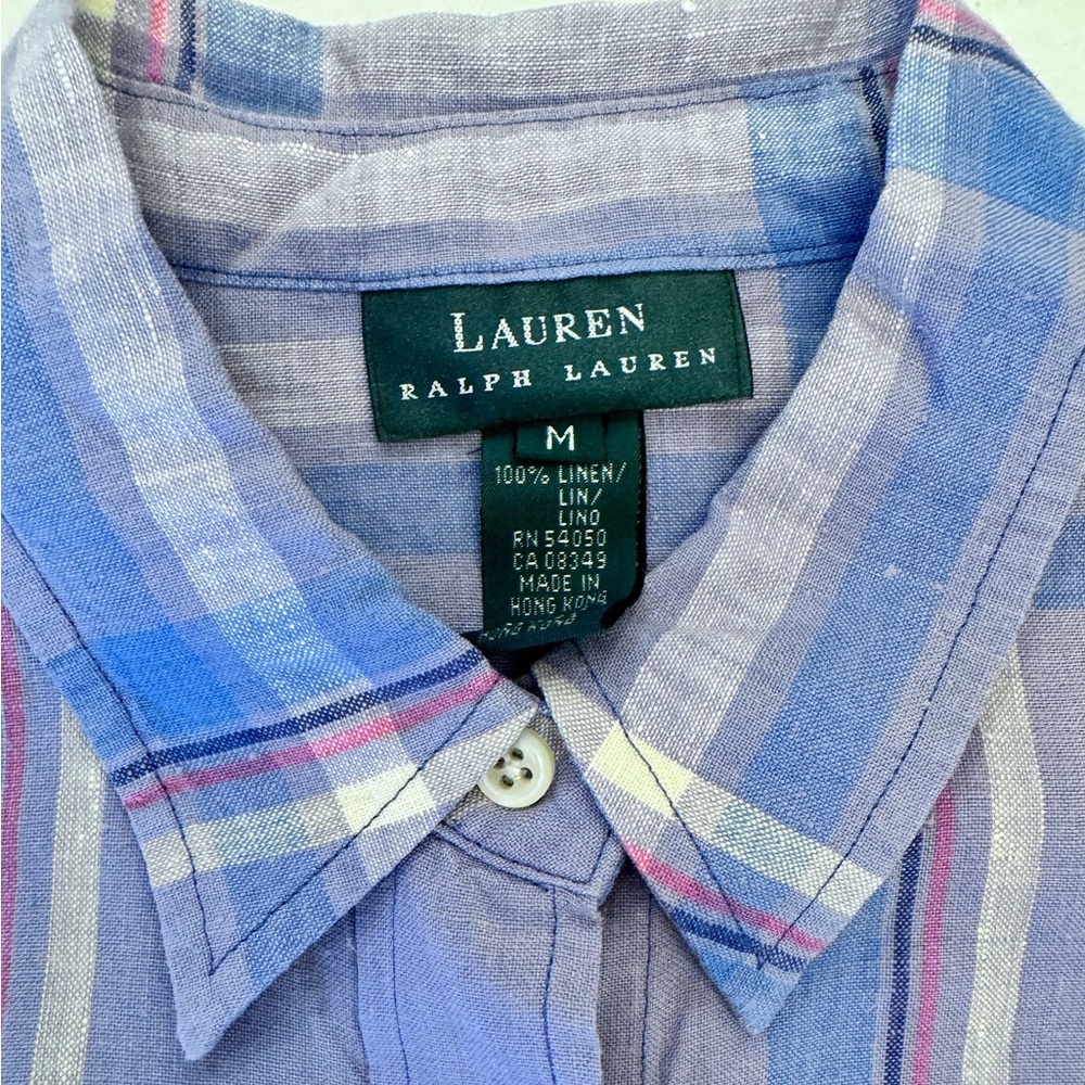 Lauren Ralph Lauren Womens 100% Linen Plaid Button Up Purple Blue Medium Preppy - Picture 6 of 9